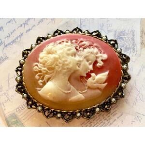 Vintage Carved Shell Cameo Brooch Mother & Daughter Portrait w Dove Ornate Pin